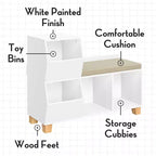 Banc de rangement pour enfants avec étagères de rangement pour jouets et siège rembourré pour coin lecture et salle de jeux, blanc