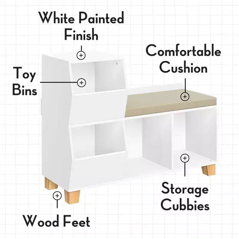 Kids' Catch-All Cubby Storage Organizer Bench with Toy Storage Shelves and Cushioned Seat for Reading Nook and Playroom White