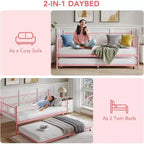 Lit de repos avec lit gigogne, lit de repos double avec lit gigogne escamotable, support à lattes métalliques, cadre de lit de repos 2-en-1 pour chambre à coucher, salon, chambre d'amis