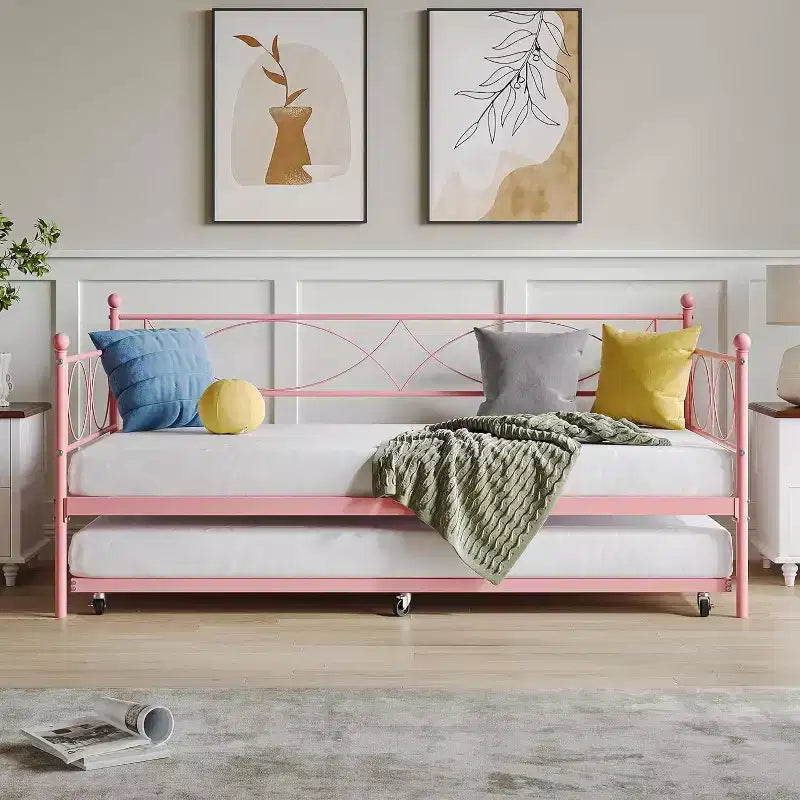 Lit de repos avec lit gigogne, lit de repos double avec lit gigogne escamotable, support à lattes métalliques, cadre de lit de repos 2-en-1 pour chambre à coucher, salon, chambre d'amis