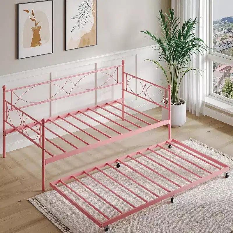Lit de repos avec lit gigogne, lit de repos double avec lit gigogne escamotable, support à lattes métalliques, cadre de lit de repos 2-en-1 pour chambre à coucher, salon, chambre d'amis