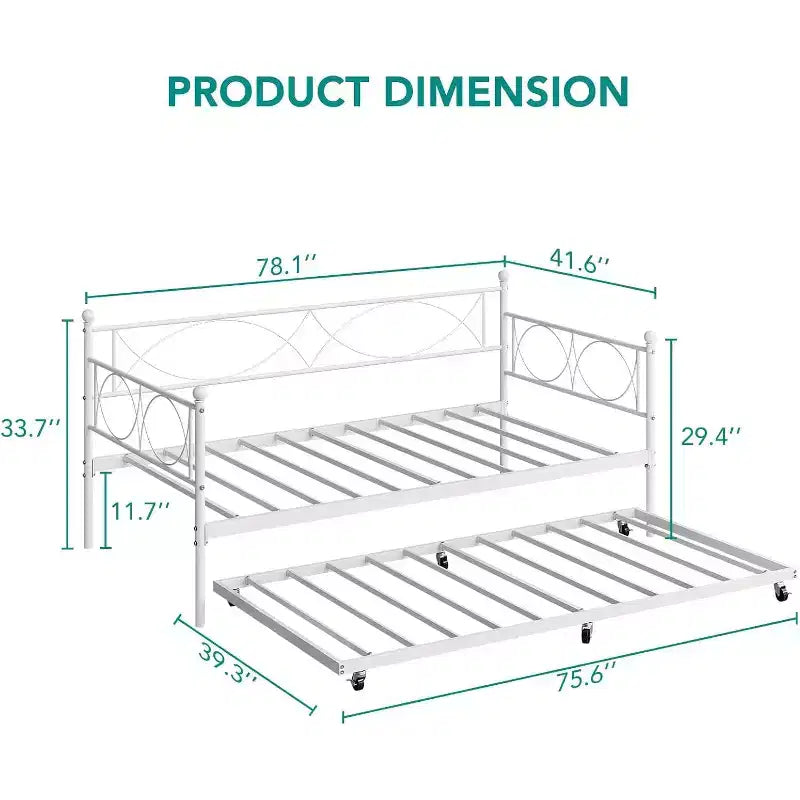 Lit de repos avec lit gigogne, lit de repos double avec lit gigogne escamotable, support à lattes métalliques, cadre de lit de repos 2-en-1 pour chambre à coucher, salon, chambre d'amis