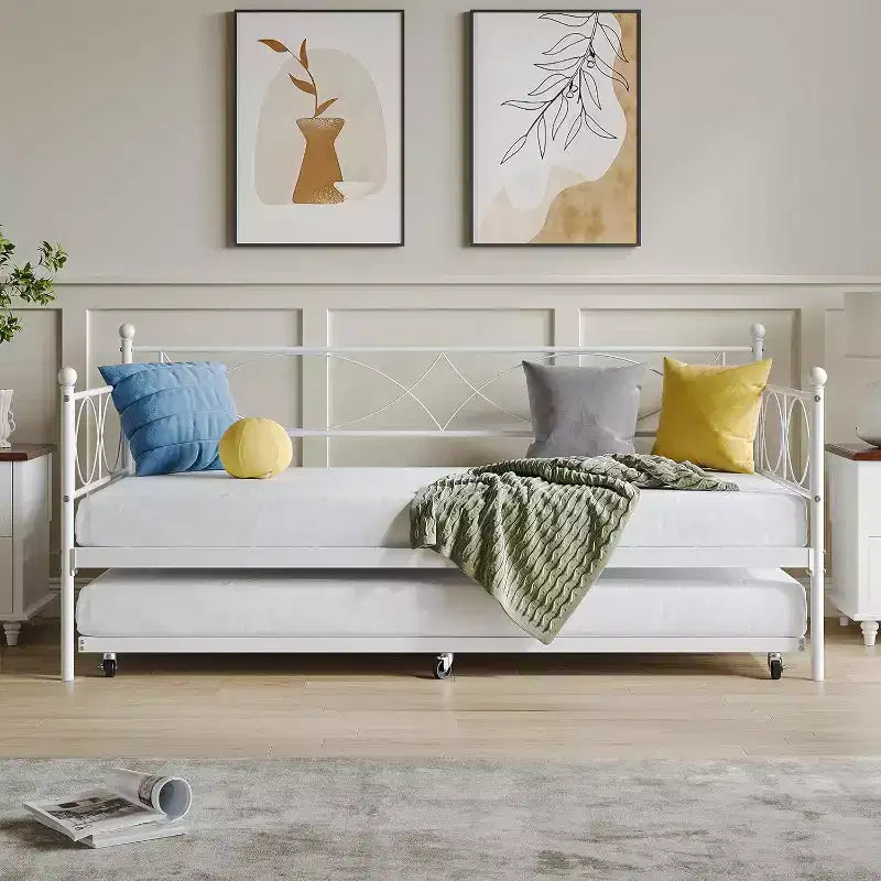 Lit de repos avec lit gigogne, lit de repos double avec lit gigogne escamotable, support à lattes métalliques, cadre de lit de repos 2-en-1 pour chambre à coucher, salon, chambre d'amis