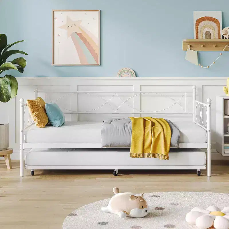 Lit de repos avec lit gigogne, lit de repos double avec lit gigogne escamotable, support à lattes métalliques, cadre de lit de repos 2-en-1 pour chambre à coucher, salon, chambre d'amis