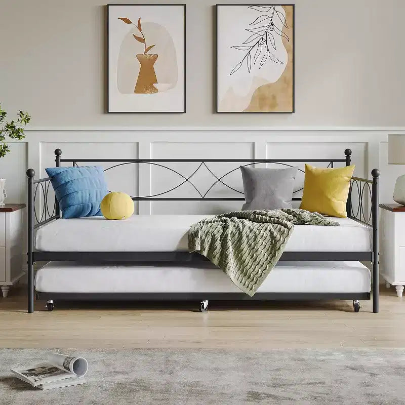 Lit de repos avec lit gigogne, lit de repos double avec lit gigogne escamotable, support à lattes métalliques, cadre de lit de repos 2-en-1 pour chambre à coucher, salon, chambre d'amis