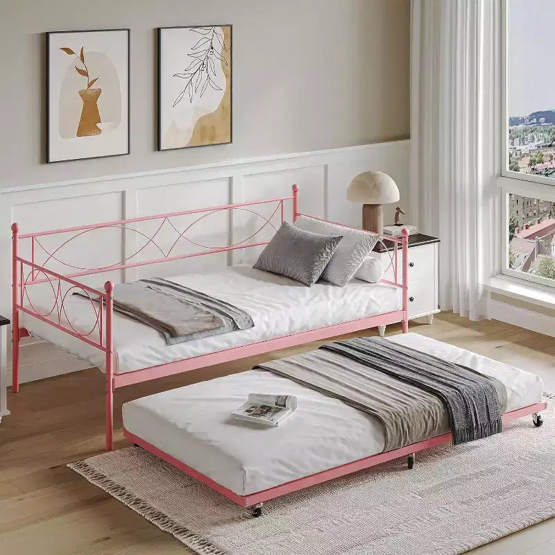 Lit de repos avec lit gigogne, lit de repos double avec lit gigogne escamotable, support à lattes métalliques, cadre de lit de repos 2-en-1 pour chambre à coucher, salon, chambre d'amis