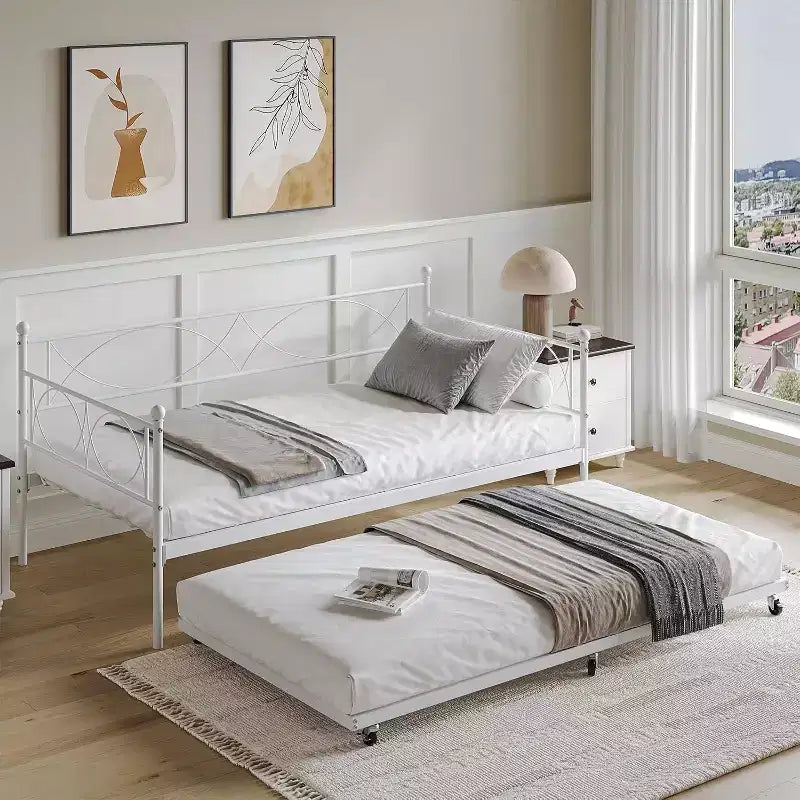 Lit de repos avec lit gigogne, lit de repos double avec lit gigogne escamotable, support à lattes métalliques, cadre de lit de repos 2-en-1 pour chambre à coucher, salon, chambre d'amis