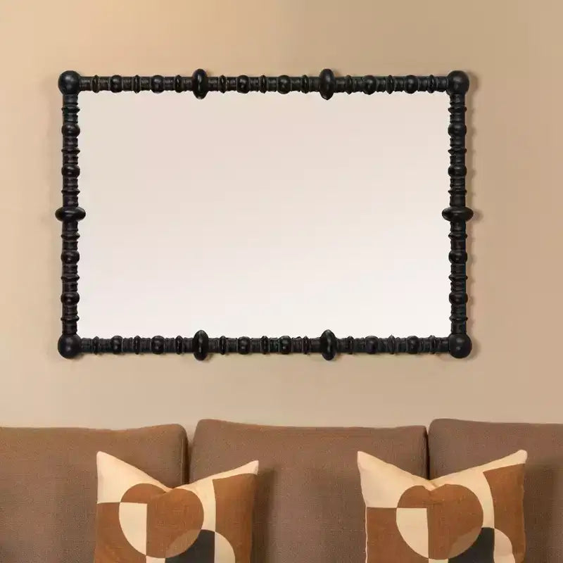 Miroir avec cadre à chevilles et perles de bois chic, noir