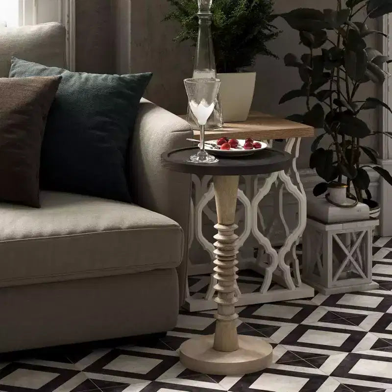 Table d'appoint à piédestal avec plateau pour boissons, lampes ou plantes, style ferme et rustique pour salon ou chambre à coucher, plateau noir sur cadre blanc
