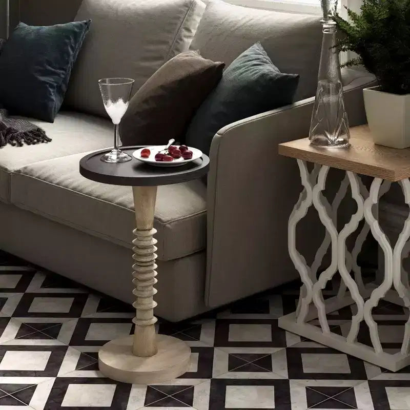 Table d'appoint à piédestal avec plateau pour boissons, lampes ou plantes, style ferme et rustique pour salon ou chambre à coucher, plateau noir sur cadre blanc