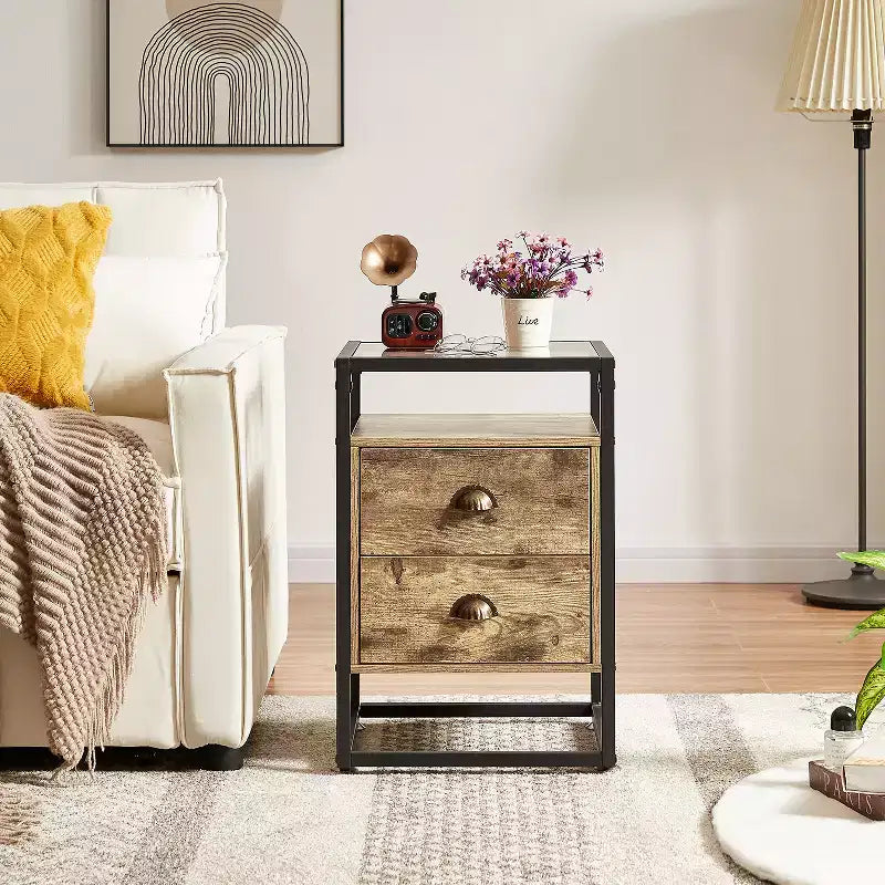 Table de chevet moderne, Table d'appoint avec tiroir pour salon ou chambre à coucher, Verre trempé, Gris