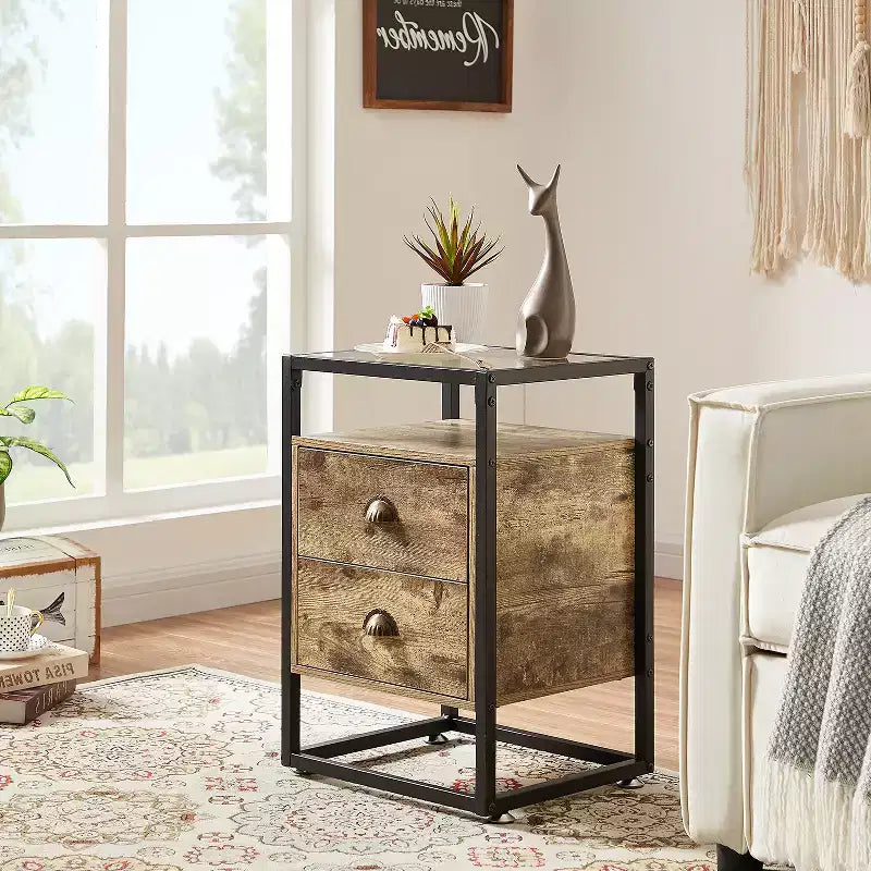 Table de chevet moderne, Table d'appoint avec tiroir pour salon ou chambre à coucher, Verre trempé, Gris