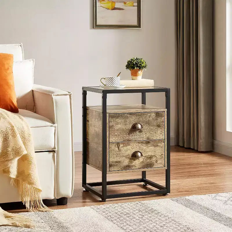 Table de chevet moderne, Table d'appoint avec tiroir pour salon ou chambre à coucher, Verre trempé, Gris