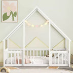 MAYEERTY Twin Wood House-shaped Floor Bed with Fence, Guardrails White