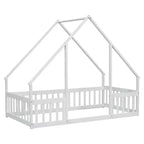Lit au sol en forme de maison en bois double avec clôture et garde-corps blanc