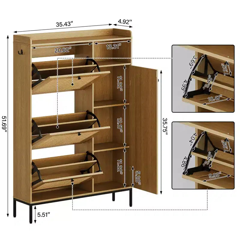 3 Tier Free Standing Shoe Cabinet with Natural Rattan, Shoe Organizer with Adjustable Shelves, Narrow Shoe Rack for Hallway, Wood