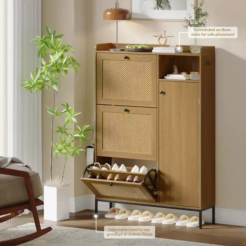 3 Tier Free Standing Shoe Cabinet with Natural Rattan, Shoe Organizer with Adjustable Shelves, Narrow Shoe Rack for Hallway, Wood