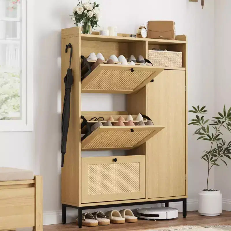 Meuble à chaussures autoportant à 3 niveaux en rotin naturel, organisateur de chaussures avec étagères réglables, étroite étagère à chaussures pour couloir, bois