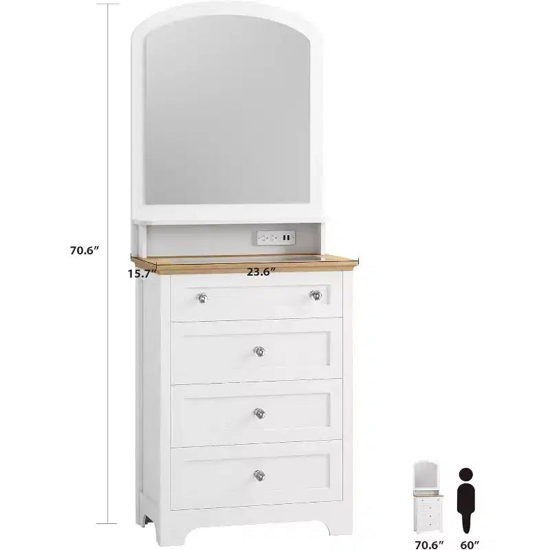 Commode à 4 tiroirs avec miroir, bande LED et station de recharge, meuble de coiffeuse moderne pour chambre à coucher, entrée, petit espace