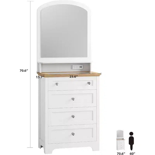 Commode à 4 tiroirs avec miroir, bande LED et station de recharge, meuble de coiffeuse moderne pour chambre à coucher, entrée, petit espace