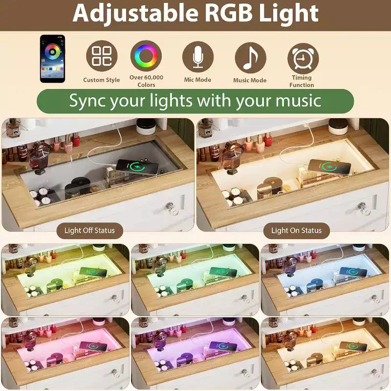 4-Drawer Dresser with Mirror, LED Strip & Charging Station, Modern Makeup Vanity Cabinet for Bedroom, Entryway, Small Space