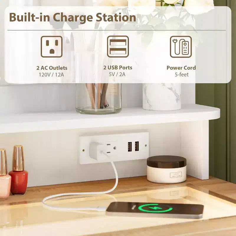 Commode à 4 tiroirs avec miroir, bande LED et station de recharge, meuble de coiffeuse moderne pour chambre à coucher, entrée, petit espace