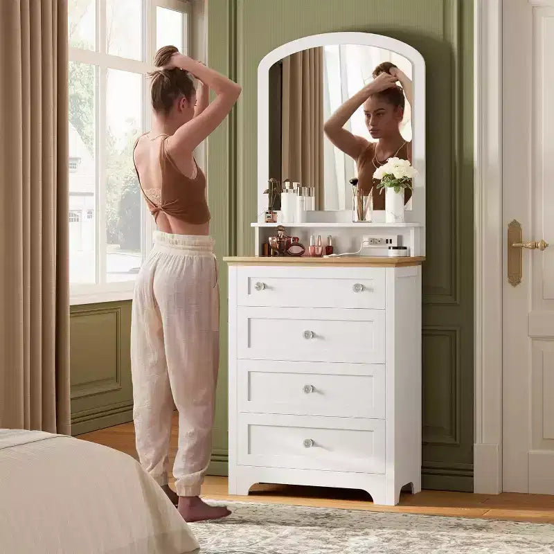 Commode à 4 tiroirs avec miroir, bande LED et station de recharge, meuble de coiffeuse moderne pour chambre à coucher, entrée, petit espace