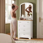Commode à 4 tiroirs avec miroir, bande LED et station de recharge, meuble de coiffeuse moderne pour chambre à coucher, entrée, petit espace