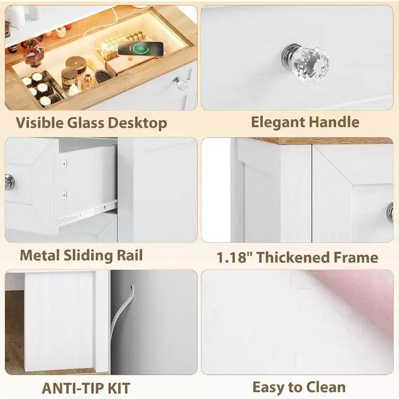Commode à 4 tiroirs avec miroir, bande LED et station de recharge, meuble de coiffeuse moderne pour chambre à coucher, entrée, petit espace