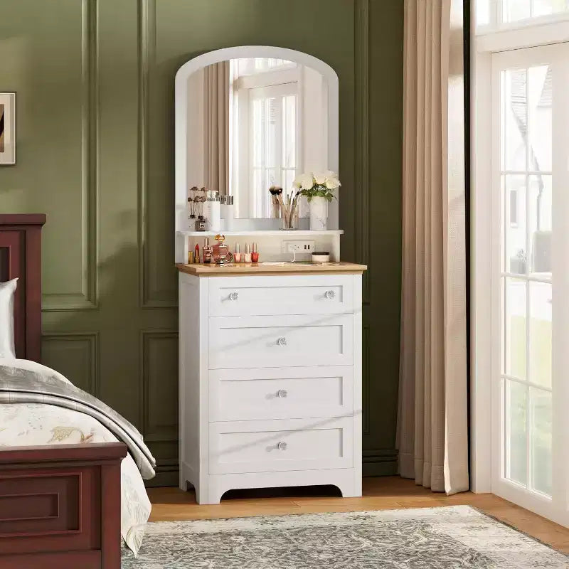 Commode à 4 tiroirs avec miroir, bande LED et station de recharge, meuble de coiffeuse moderne pour chambre à coucher, entrée, petit espace