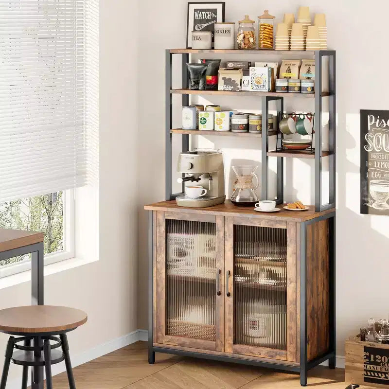Étagère de boulanger avec armoire à 5 niveaux, support pour micro-ondes de 162 cm, étagère de boulanger autoportante avec porte, grande étagère de boulanger, station de café, cuisine