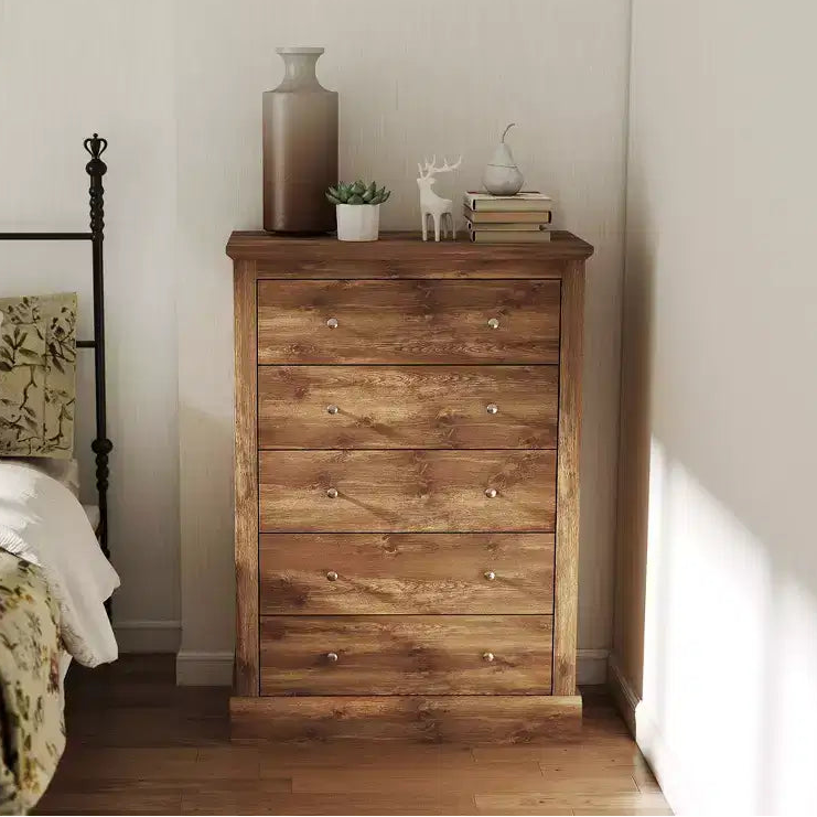 Commode de chambre de style rustique avec 5 tiroirs, 80 cm de large
