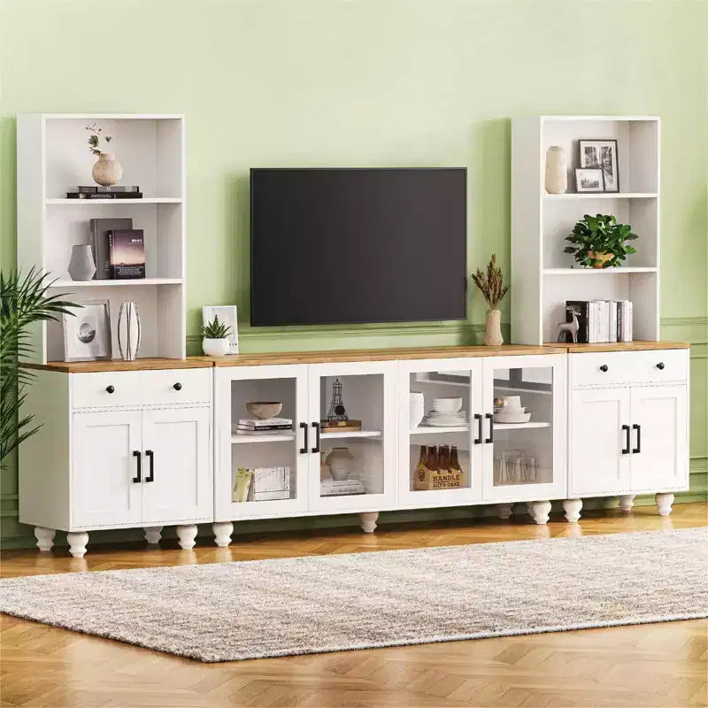 Meuble TV de style rustique pour téléviseurs jusqu'à 70 pouces, meuble de divertissement avec étagères et portes en verre trempé