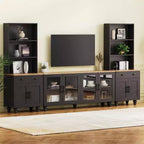 Meuble TV de style rustique pour téléviseurs jusqu'à 70 pouces, meuble de divertissement avec étagères et portes en verre trempé