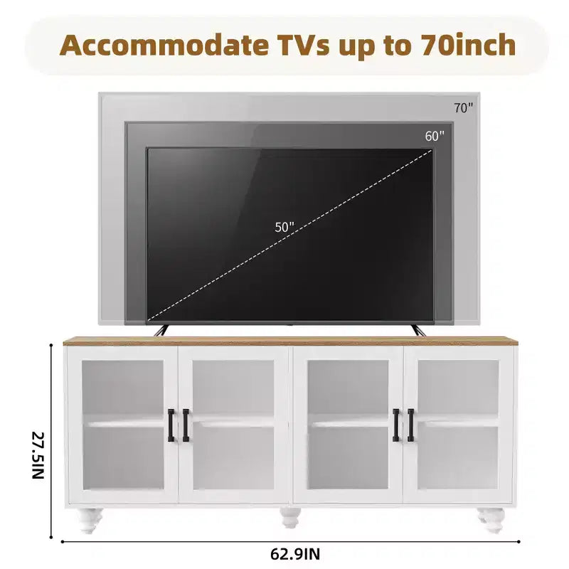 Meuble TV de style rustique pour téléviseurs jusqu'à 70 pouces, meuble de divertissement avec étagères et portes en verre trempé