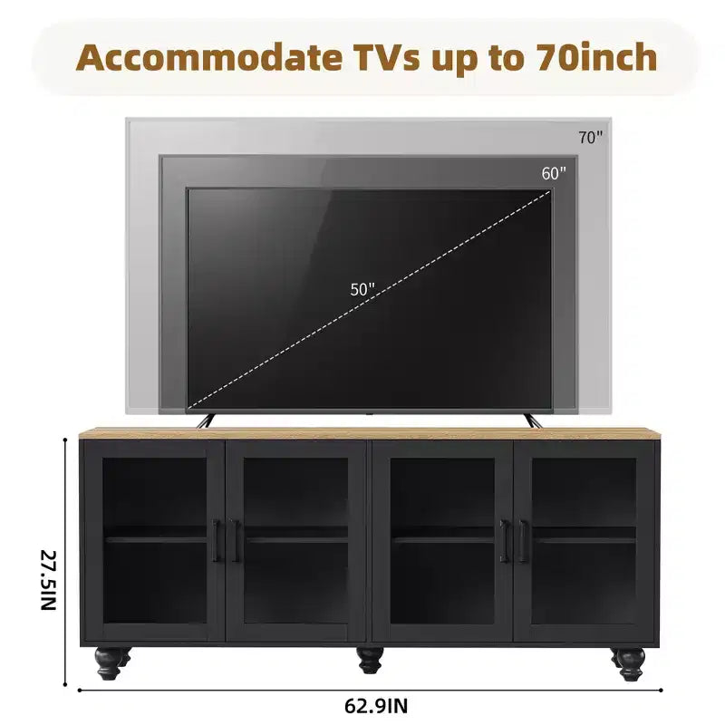 Meuble TV de style rustique pour téléviseurs jusqu'à 70 pouces, meuble de divertissement avec étagères et portes en verre trempé