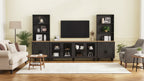CLIHOME Farmhouse TV Stand for TVs Up to 70, Entertainment Center with Bookshelves & Tempered Glass Doors
