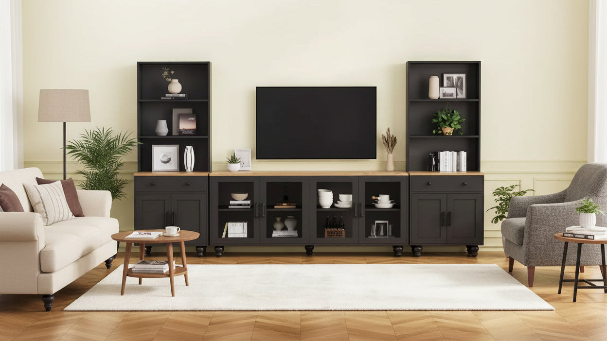 CLIHOME Farmhouse TV Stand for TVs Up to 70, Entertainment Center with Bookshelves & Tempered Glass Doors