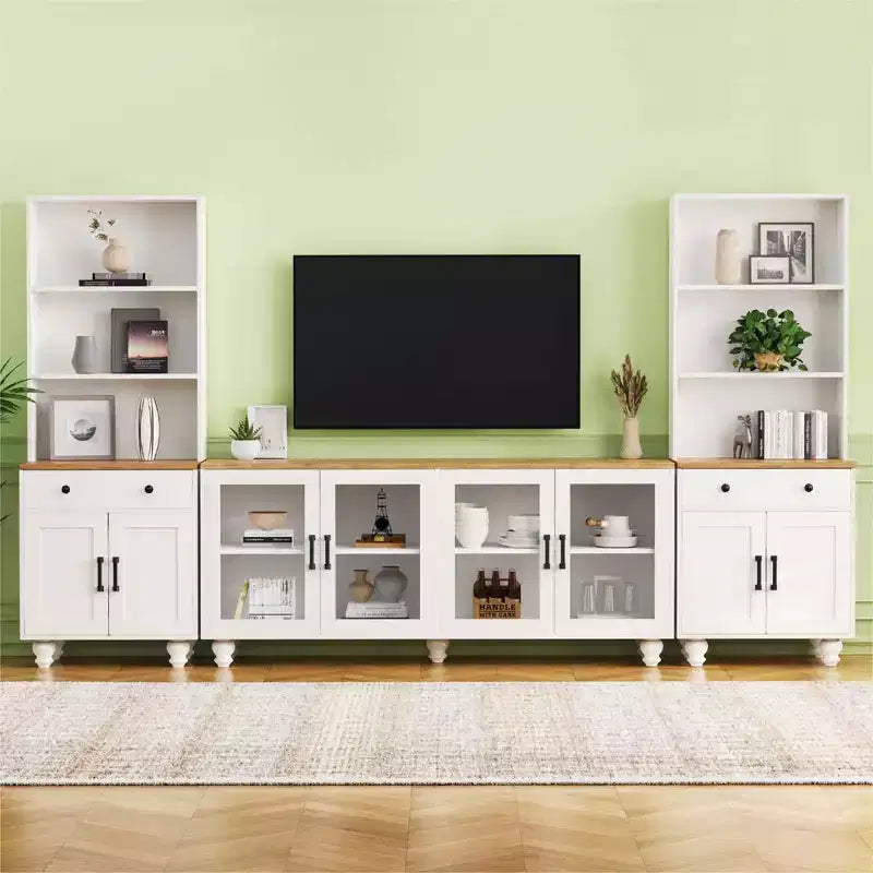 Meuble TV de style rustique pour téléviseurs jusqu'à 70 pouces, meuble de divertissement avec étagères et portes en verre trempé