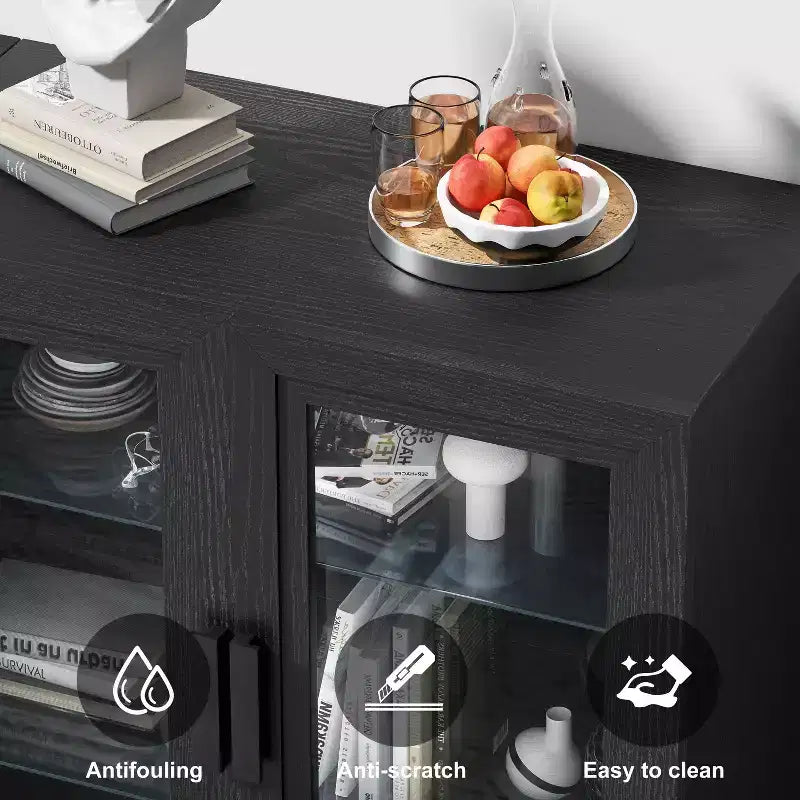 Buffet 31x62x16 avec 4 portes et rangement, Organisateur polyvalent pour cuisine, salon, Noir