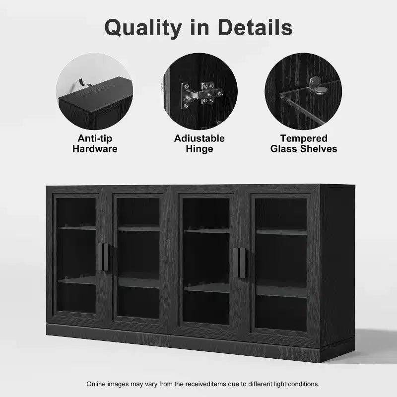 Buffet 31x62x16 avec 4 portes et rangement, Organisateur polyvalent pour cuisine, salon, Noir