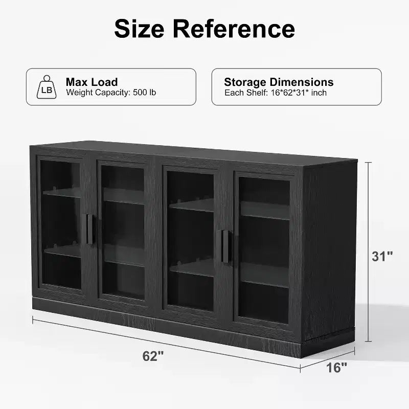Buffet 31x62x16 avec 4 portes et rangement, Organisateur polyvalent pour cuisine, salon, Noir