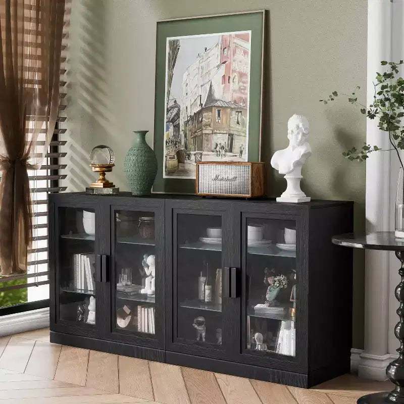 Buffet 31x62x16 avec 4 portes et rangement, Organisateur polyvalent pour cuisine, salon, Noir