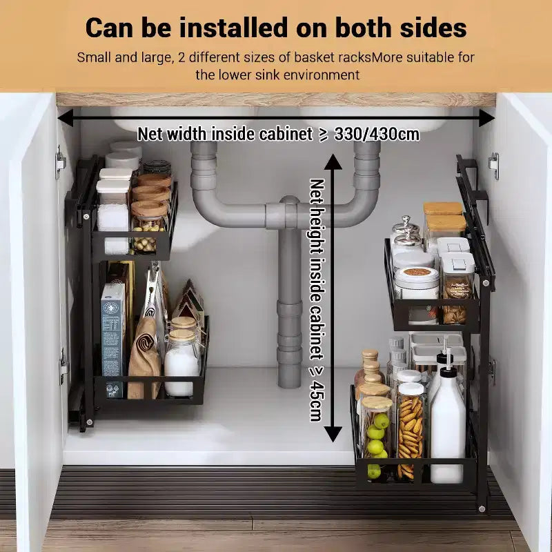 Under Sink Storage Organiser, 2 Tier Carbon Steel Pull Out Cabinet Organizer Rack with Sliding Basket, Under Sink Slide Out Storage Shelf