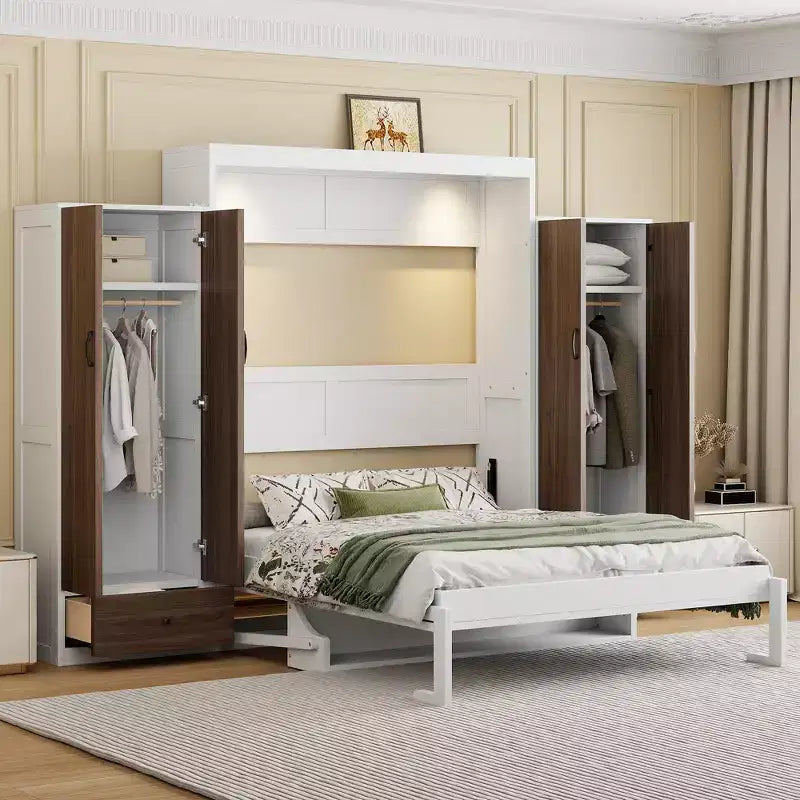 ModernLuxe Full/Queen Size Murphy Bed with Closet, Drawers & Table - Wall Bed for Small Spaces, White