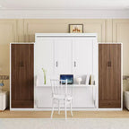 Lit escamotable Queen/Double avec placard, tiroirs et table - Lit mural pour petits espaces, blanc