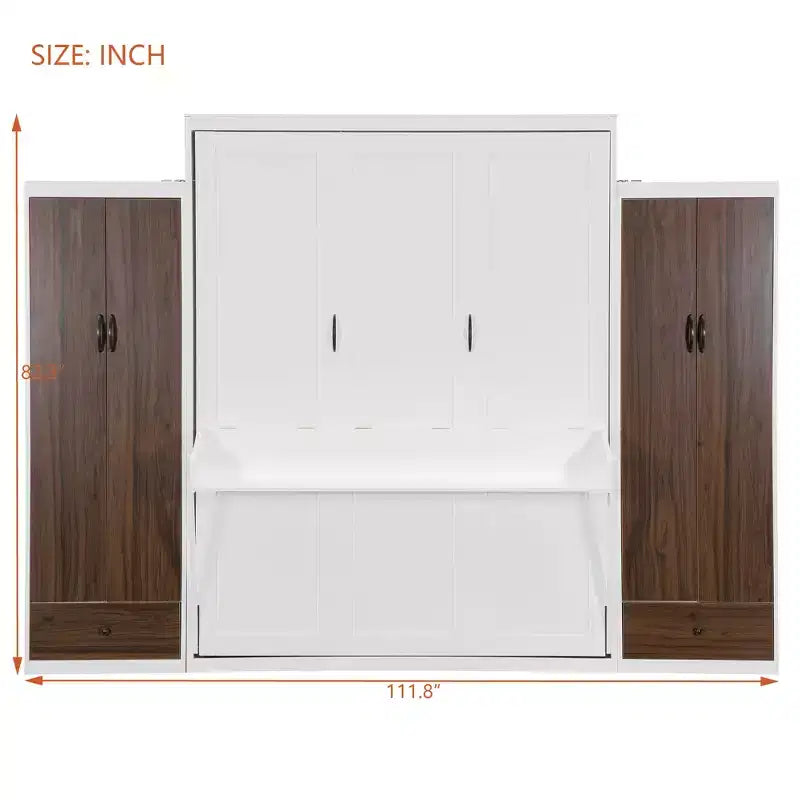 Lit escamotable Queen/Double avec placard, tiroirs et table - Lit mural pour petits espaces, blanc