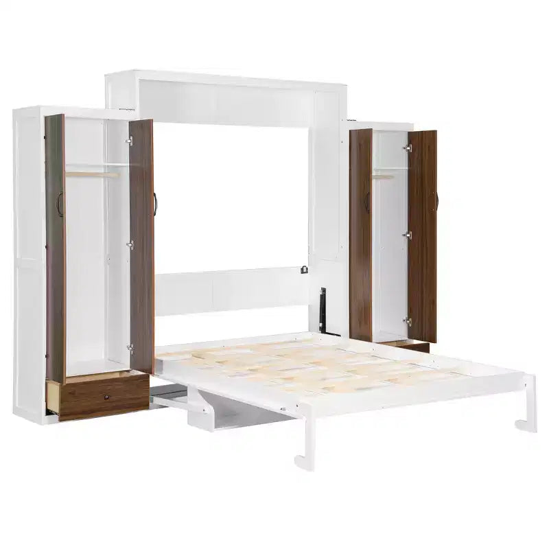 Lit escamotable Queen/Double avec placard, tiroirs et table - Lit mural pour petits espaces, blanc