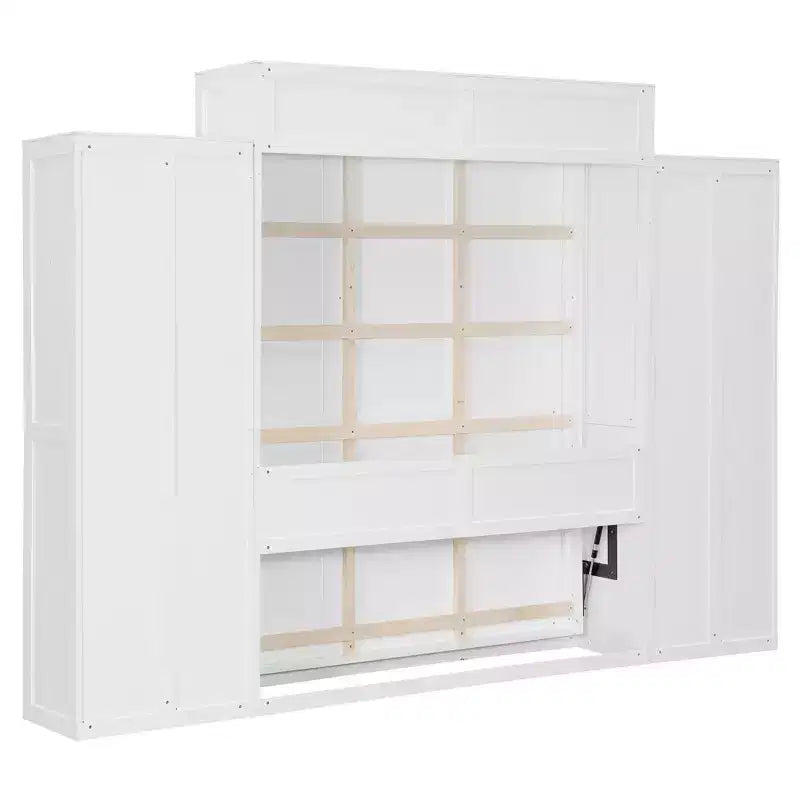 Lit escamotable Queen/Double avec placard, tiroirs et table - Lit mural pour petits espaces, blanc