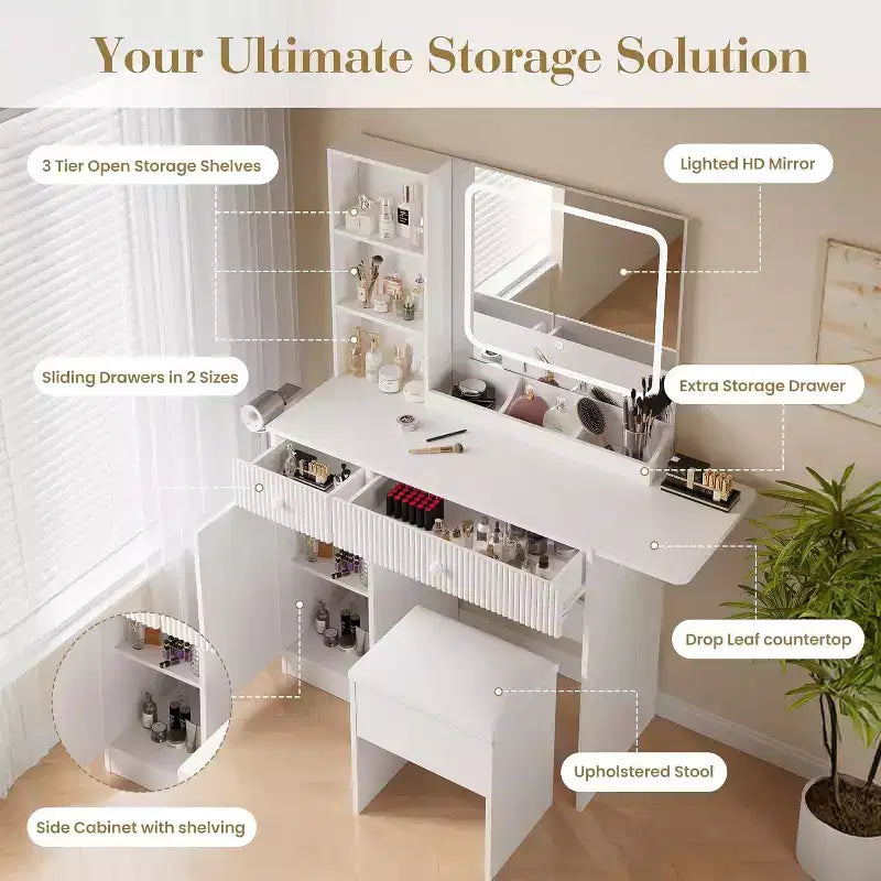 Coiffeuse avec miroir et lumières, table de maquillage avec prises de courant, tiroirs et armoire, tabouret de rangement, commode pour chambre à coucher